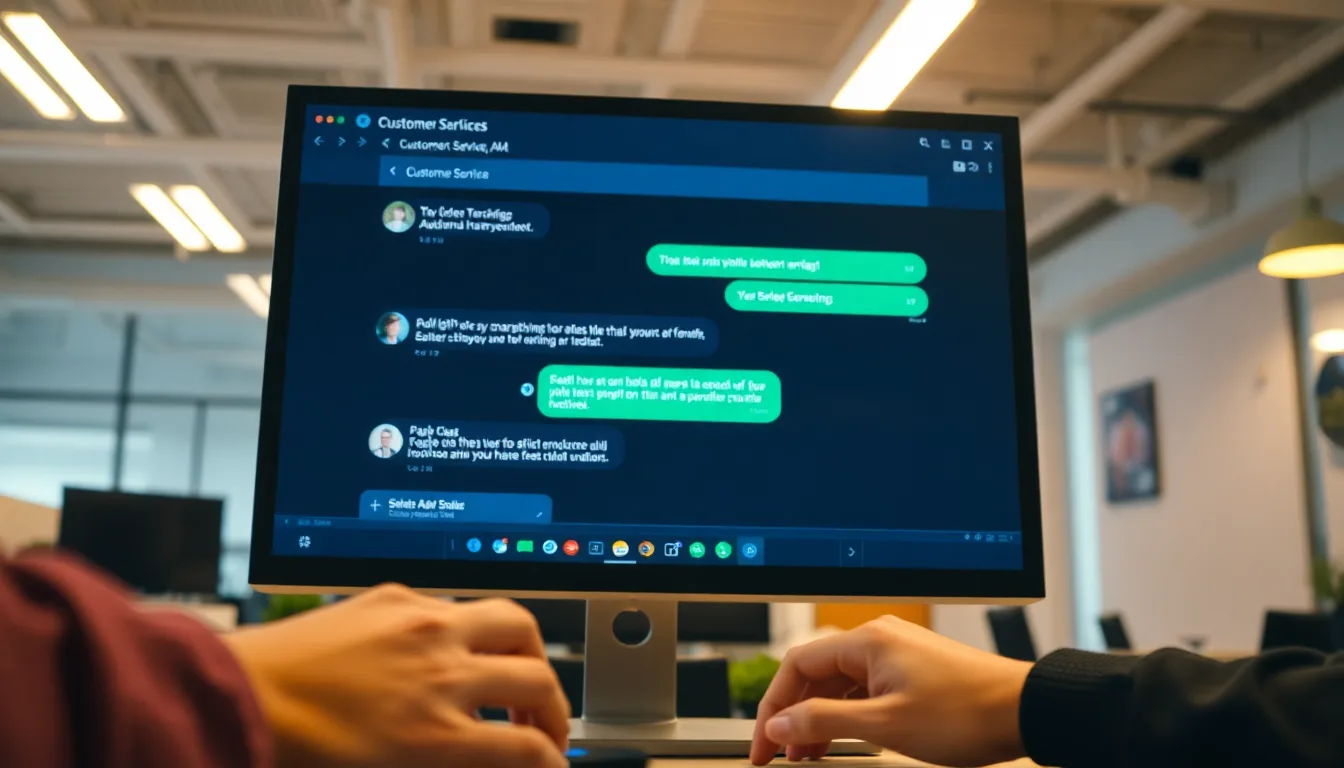 MapleChat live chat conversation interface on a monitor in a Canadian customer service workspace with warm lighting