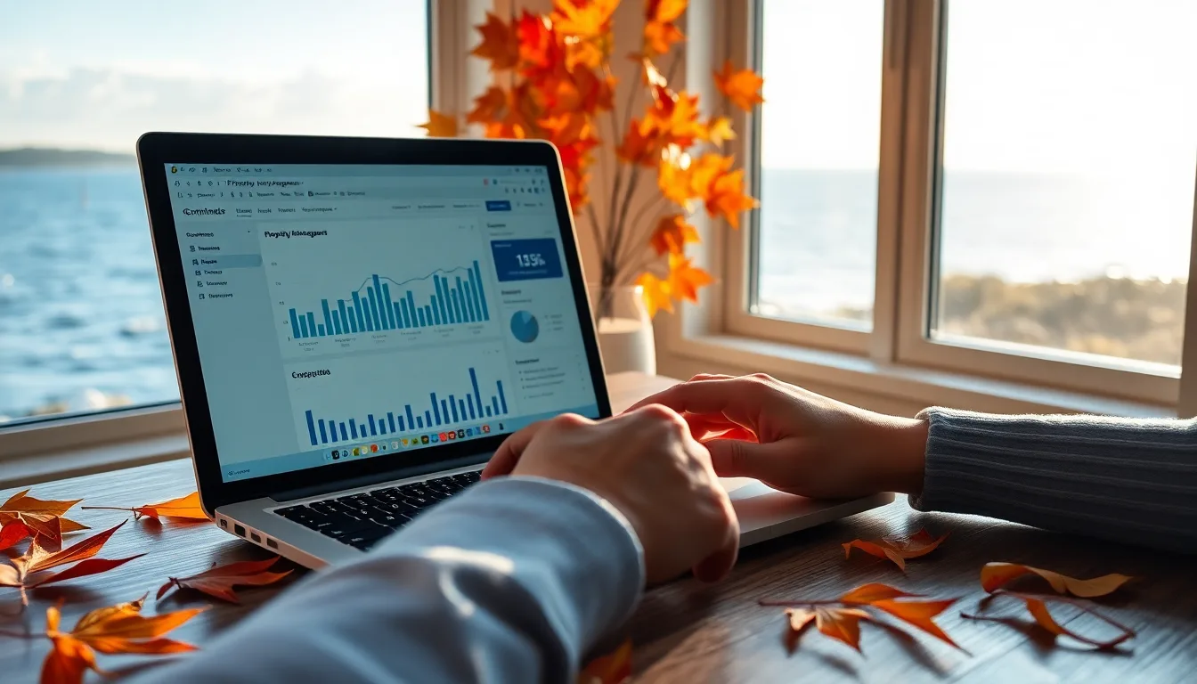 Canadian property manager managing rentals via MapleConcierge dashboard on a MacBook with a Maritime ocean view and autumn maple leaves on the desk