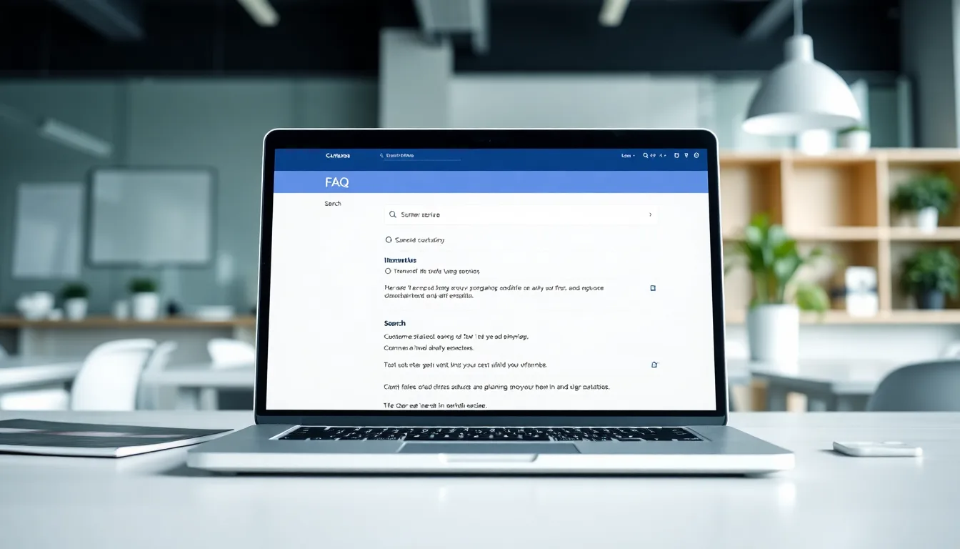 MapleFAQ clean FAQ search interface on a laptop in a Canadian customer service workspace