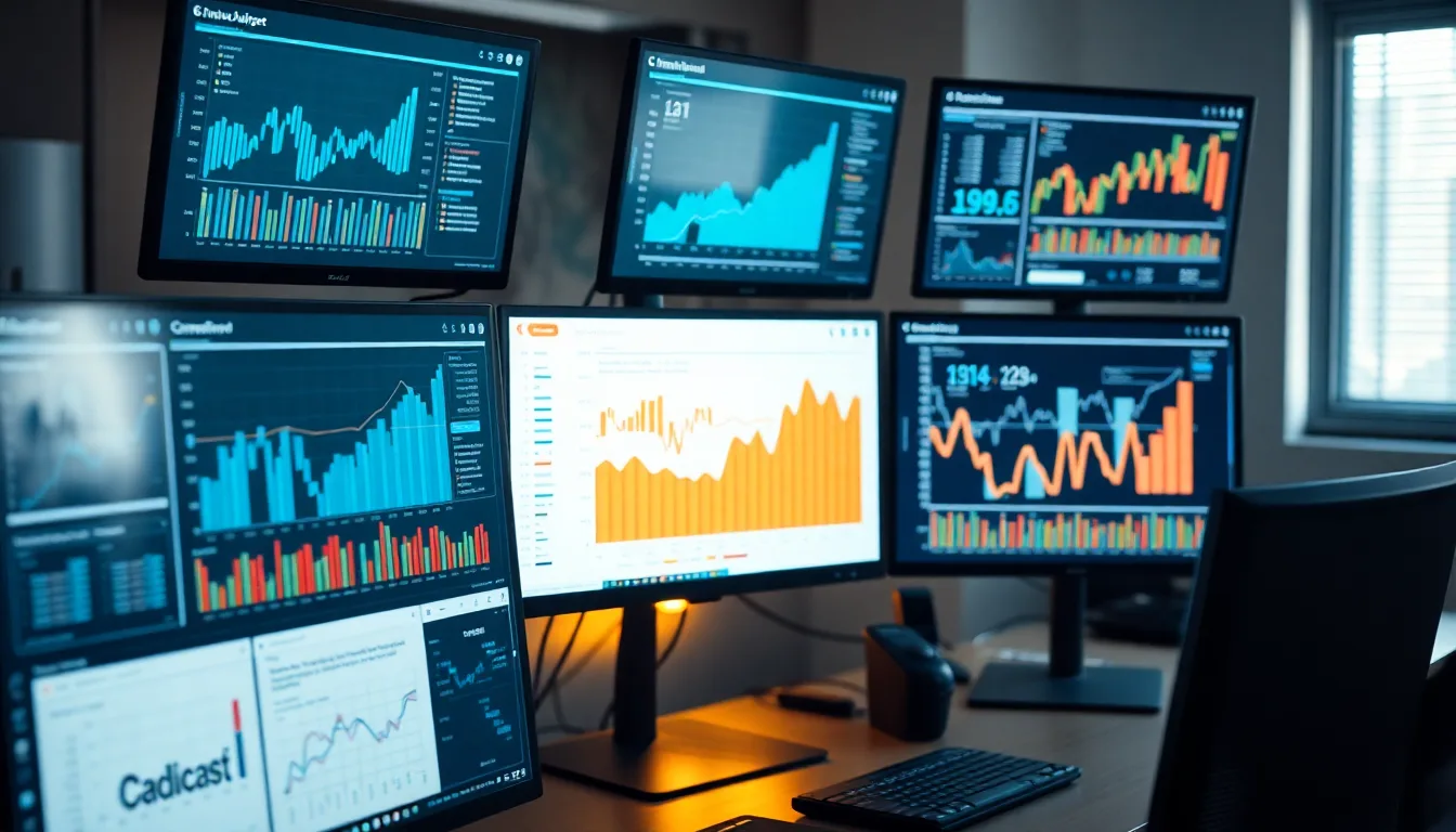 MapleInsights AI-powered business intelligence charts across multiple monitors in a Canadian business analyst workspace