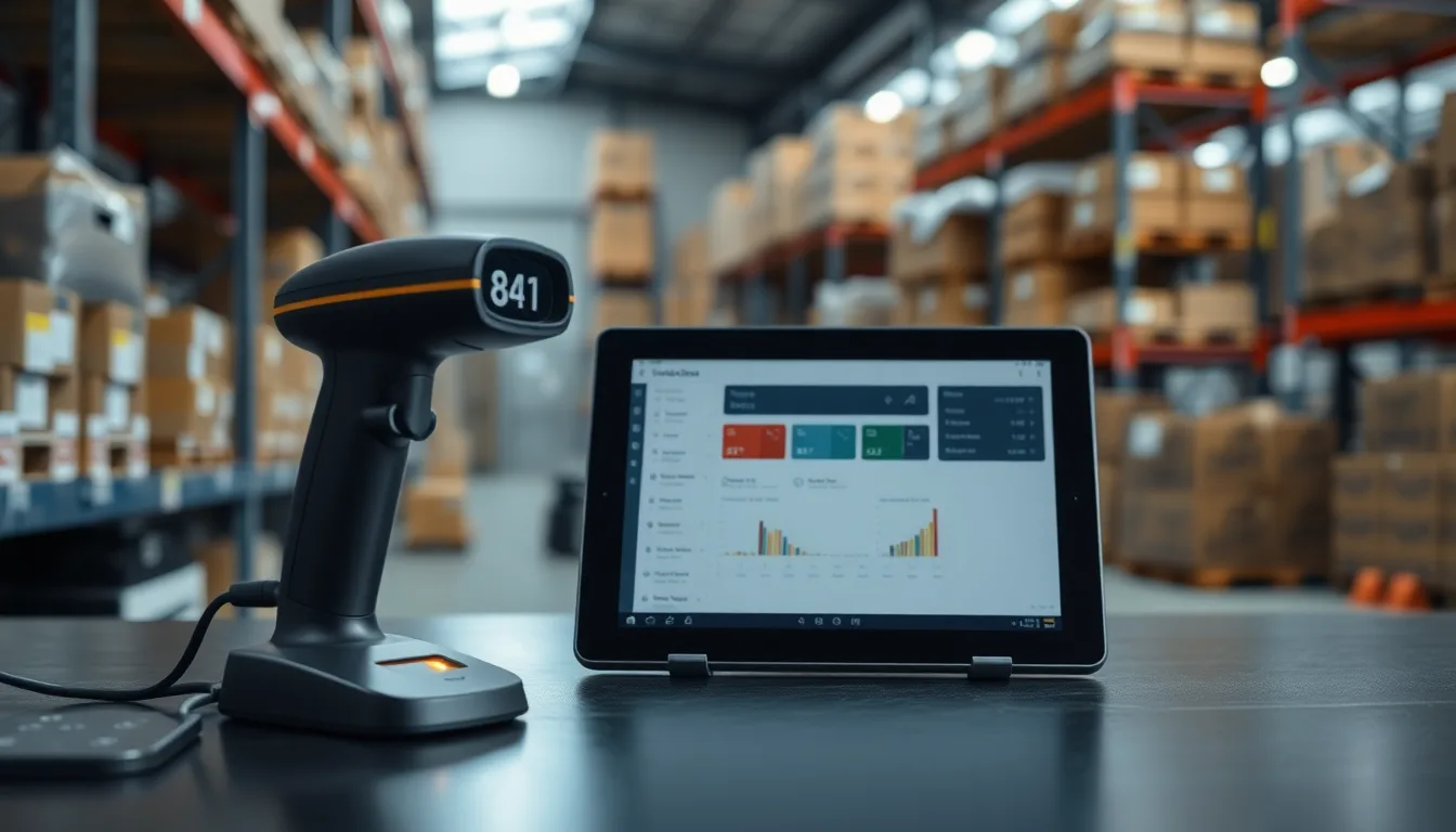 MapleInventory dashboard on a tablet next to an industrial barcode scanner in a Canadian small business storage room
