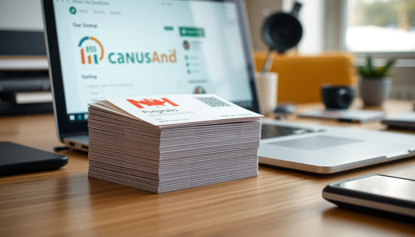 MapleMarketing campaign dashboard on a laptop next to a stack of printed Canadian postcards with a postage stamp visible
