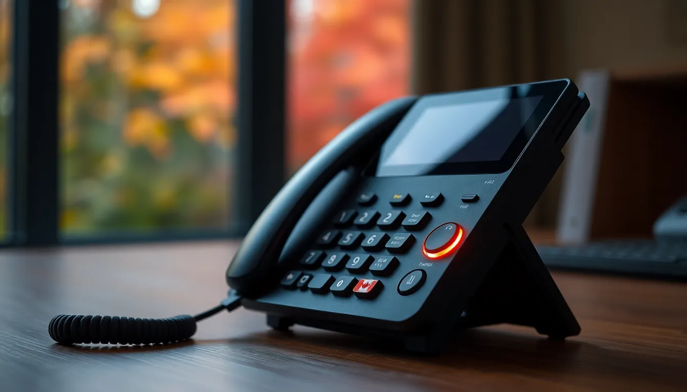 Desk phone with active-call indicator handling MapleReceptionist AI calls in a warm Canadian office with autumn foliage outside