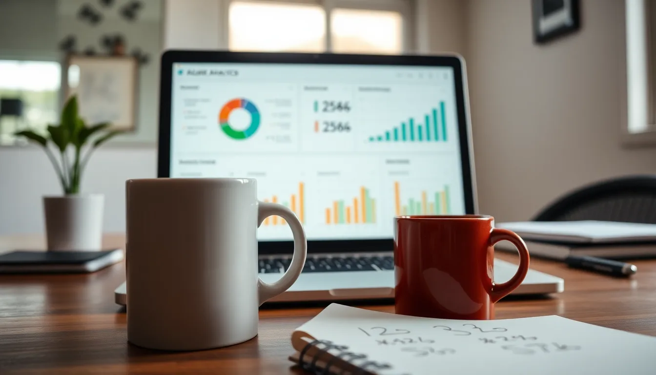 MapleReports business analytics dashboard charts on a laptop next to a coffee mug and handwritten figures in a Canadian office