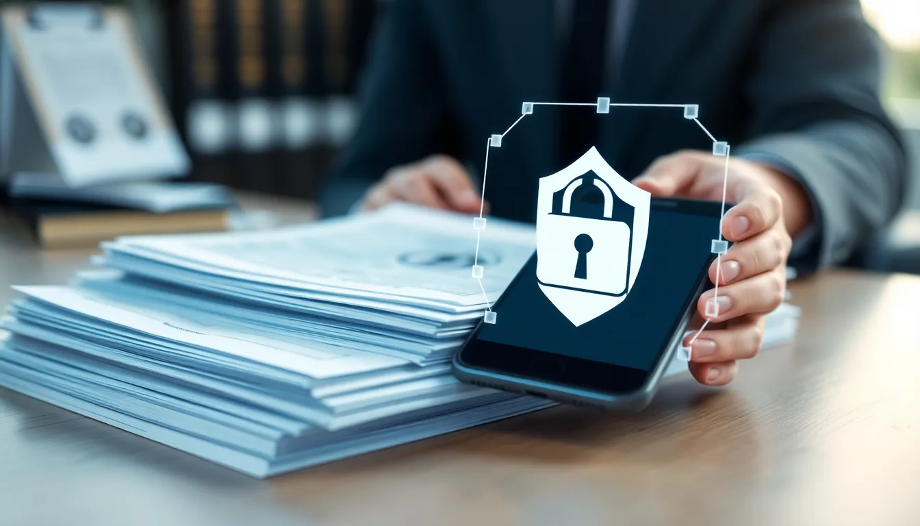 MapleSecure encrypted vault overlay on a phone scanning legal documents in a Canadian law office