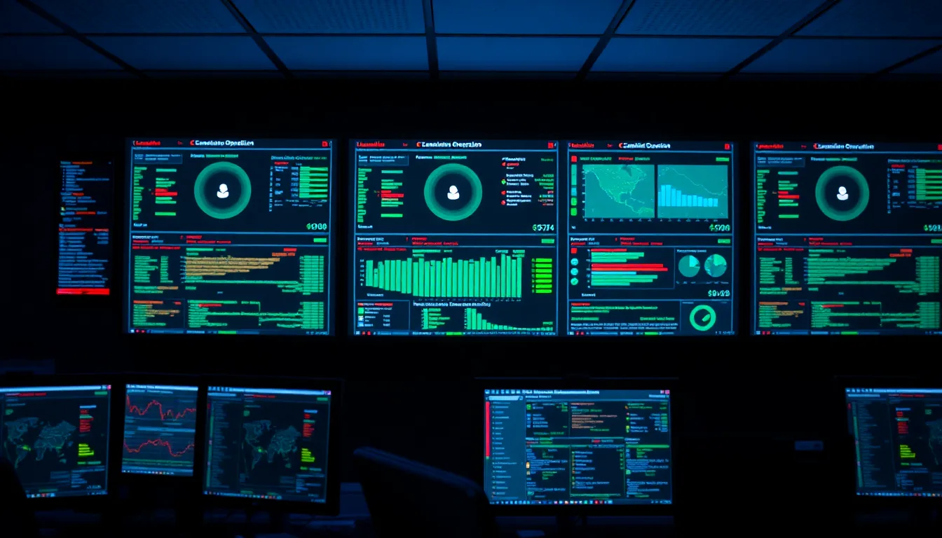 MapleSIEM cybersecurity dashboard with red and green threat indicators across multiple monitors in a dark Canadian SOC workspace