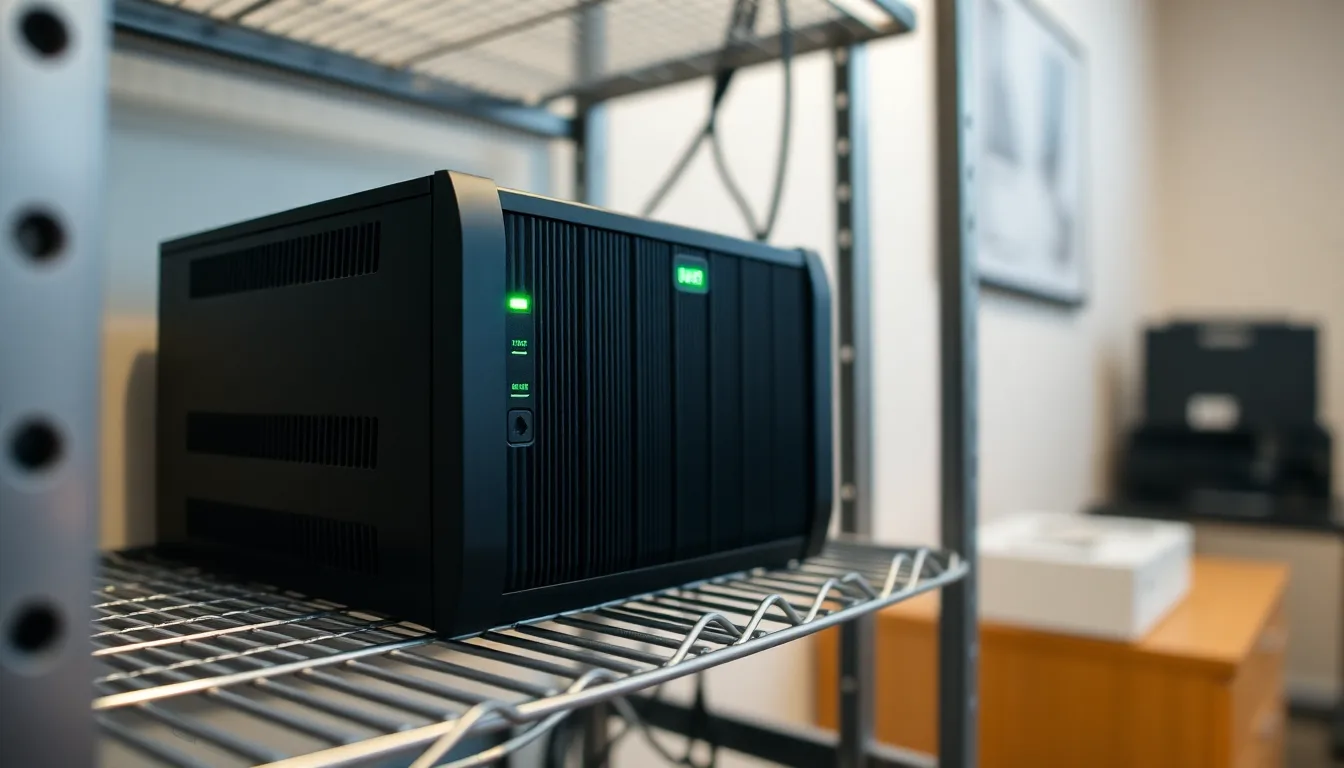 MapleStation small black server appliance with green status LED lights on a metal shelf in a Canadian small business office