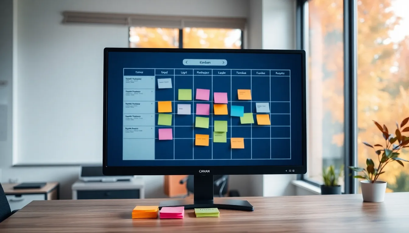 MapleTask kanban board on a large monitor with colorful sticky notes in a Canadian small team office