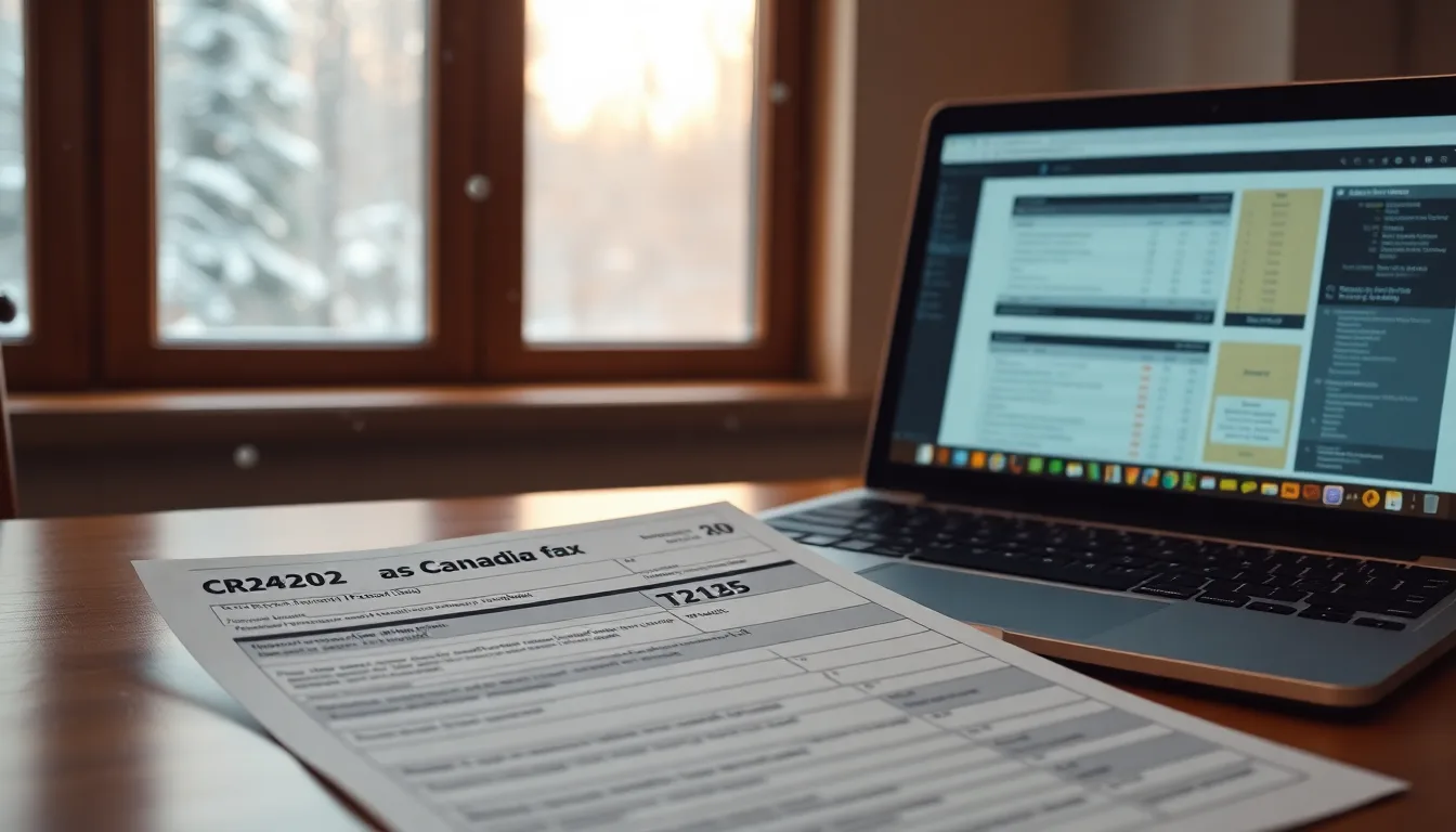 MapleTax preparation software on a laptop next to a CRA T2125 tax form with snow falling outside a Canadian window