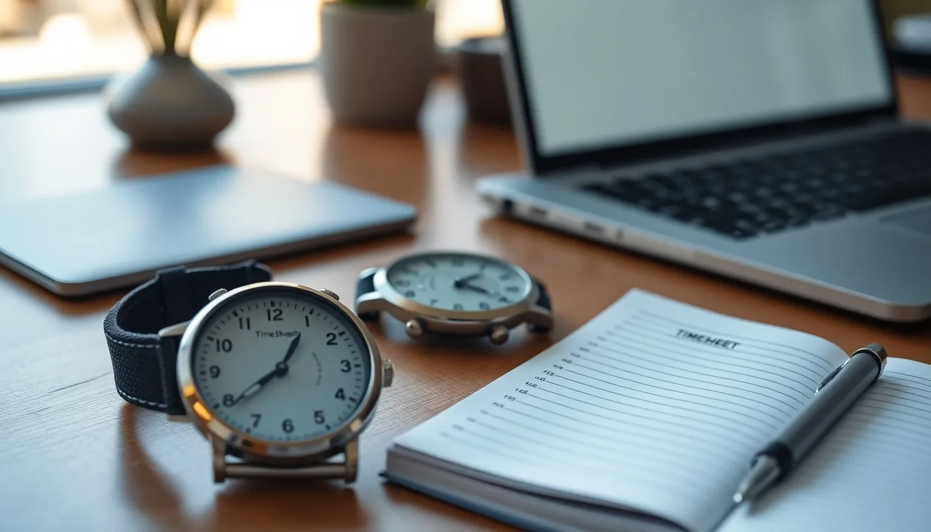 MapleTime timesheet on a laptop next to a wristwatch and open timesheet notebook in a Canadian small business setting