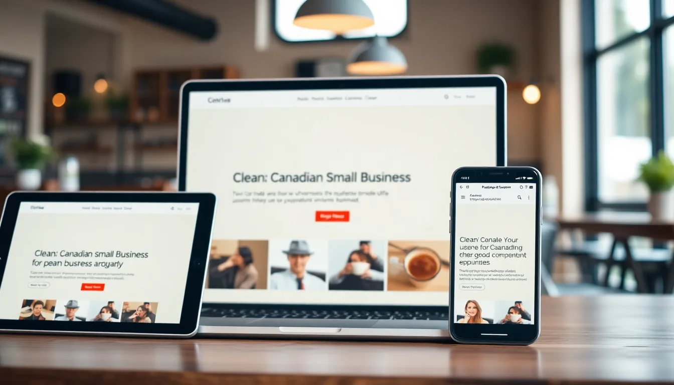 MapleWebsite clean Canadian small business website design rendering identically across laptop, tablet, and phone in a warm coffee shop