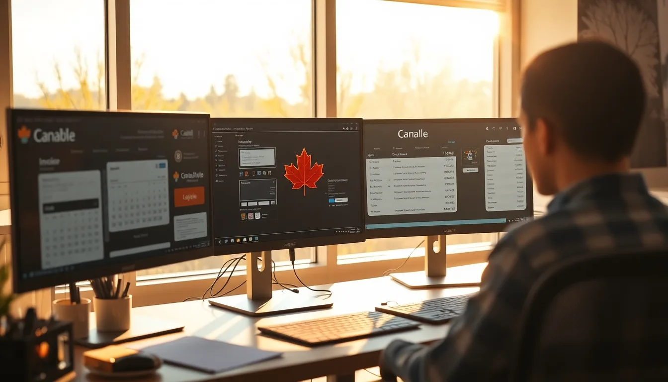 MapleWorkSuite multiple product interfaces including invoice, calendar, and inventory across monitors in a Canadian small business office